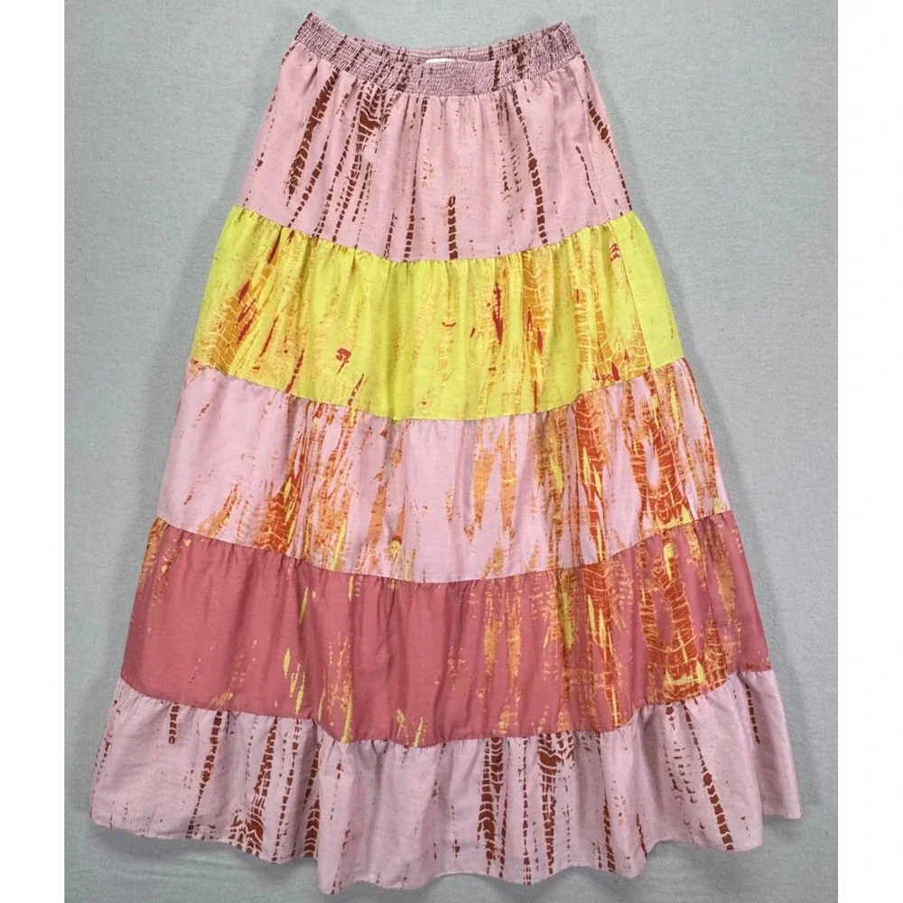 Avita Bhartia X Anthropologie Womens Pink Yellow Tie Dye Tiered Maxi Skirt Small